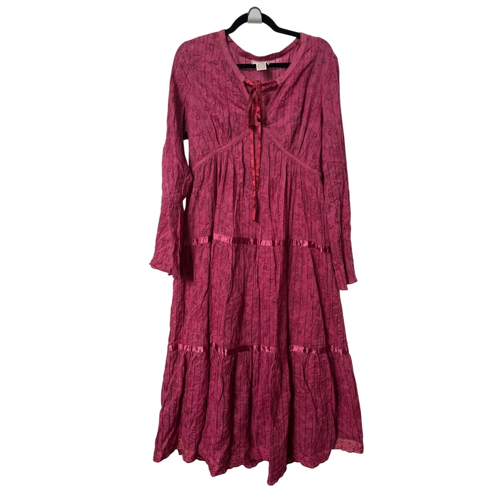 April Cornell Pink Floral Cotton Boho Midi Dress Bell Sleeve Tiered Womens L